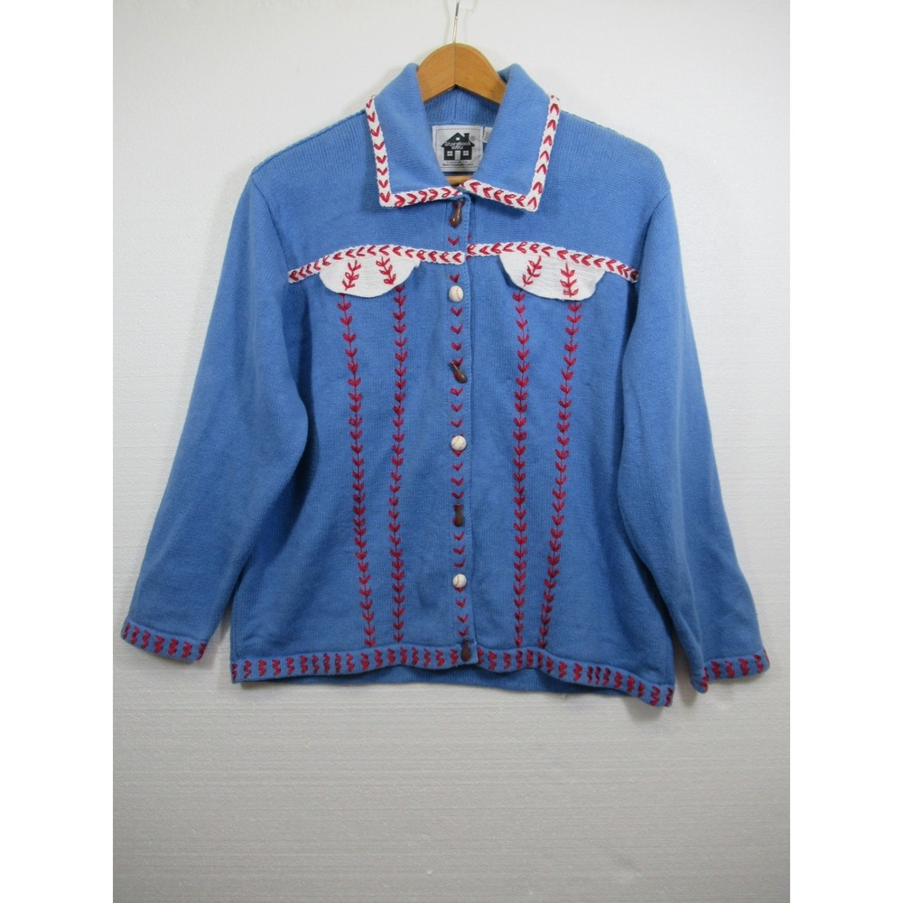 Storybook Knits Baseball American Flag Cardigan Sweater Women 1X Blue Grandma
